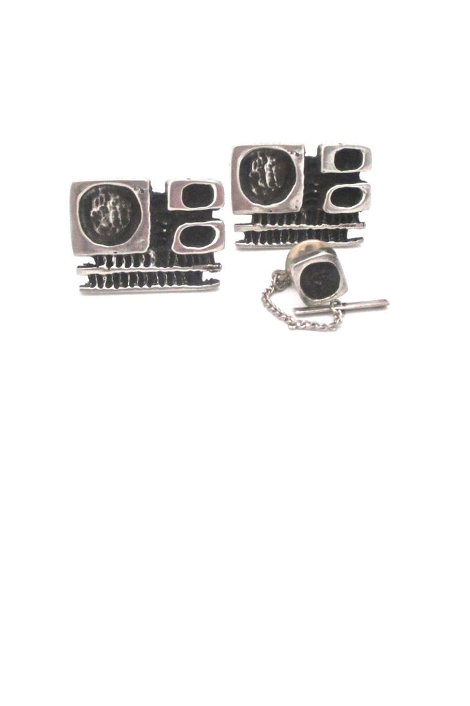 Robert Larin Canada vintage brutalist pewter large cufflinks tie tack set original box 1
