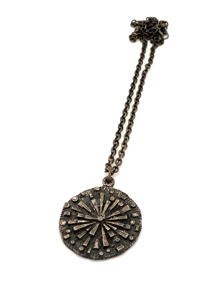 Robert Larin Canada vintage brutalist pewter round starburst pendant necklace