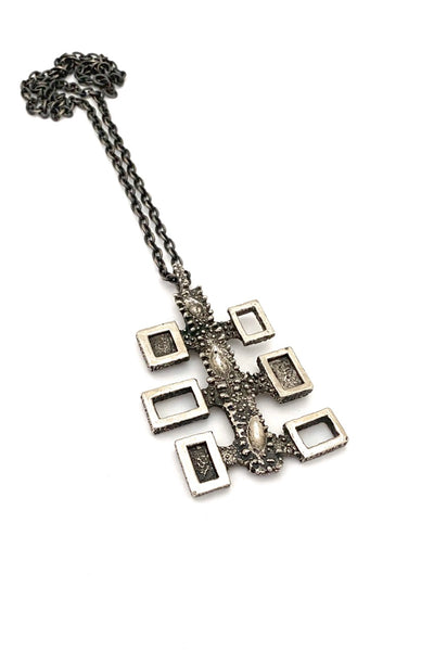 Robert Larin Canada vintage brutalist pewter openwork textures squares pendant necklace Canadian Modernist jewelry design