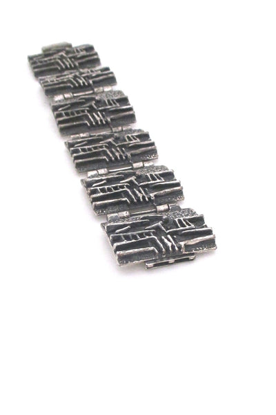 Robert Larin Canada vintage brutalist textured pewter wide panel link bracelet