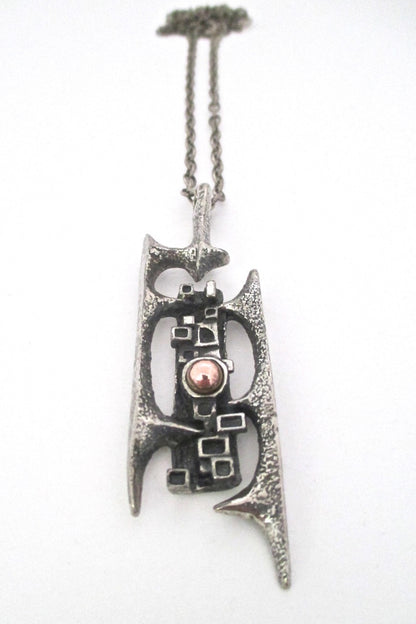 Robert Larin Canada vintage brutalist pewter and bronze openwork pendant necklace