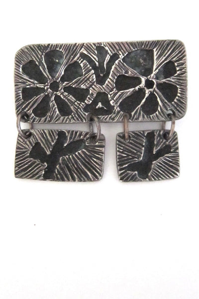 Robert Larin Canada vintage brutalist pewter kinetic flowers brooch jewelry
