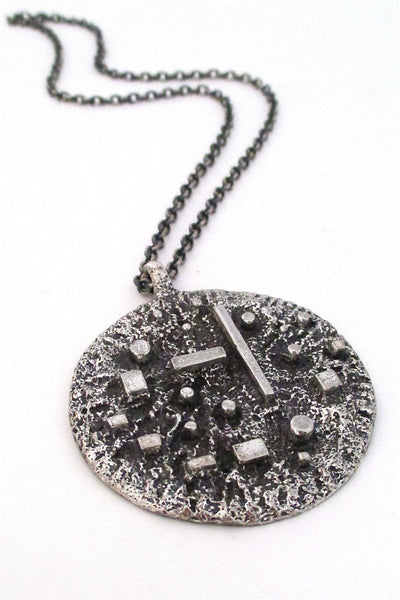 Robert Larin Canada vintage modernist brutalist pewter syicks and stones pendant necklace