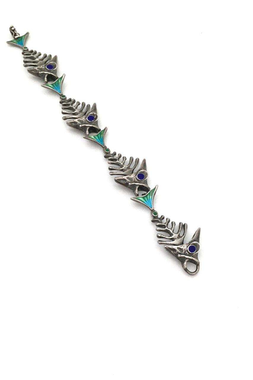 UnoAErre Italy vintage sterling silver and enamel articulated fish bracelet mid century modernist jewelry design