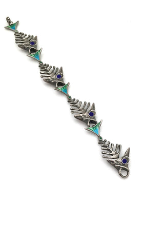 UnoAErre Italy vintage sterling silver and enamel articulated fish bracelet mid century modernist jewelry design