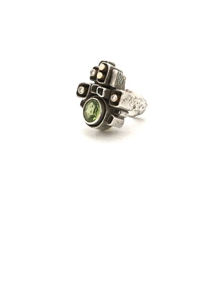 Walter Schluep Canada large sculptural vintage silver gold diamonds peridot ring Modernist jewelry design