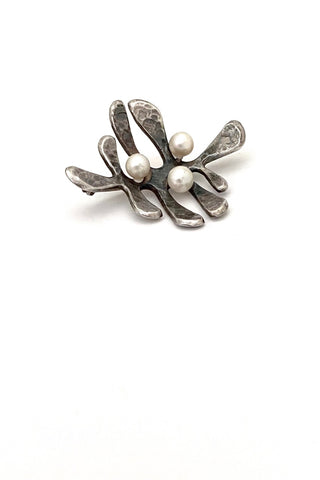 Walter Schluep Hans Gehrig Canada vintage brutalist hammered silver and pearl brooch Canadian Modernist jewelry design