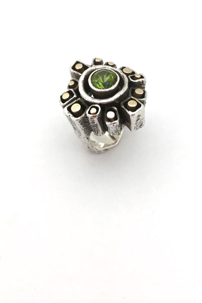 Walter Schluep Canada large vintage silver and gold brutalist ring with peridot mid century modernist jewelry design