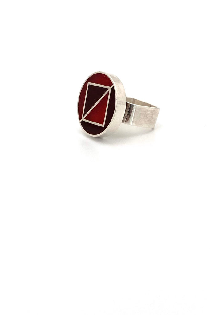 Walter Schluep Canada vintage silver red enamel two tone ring Canadian Modernist jewelry design