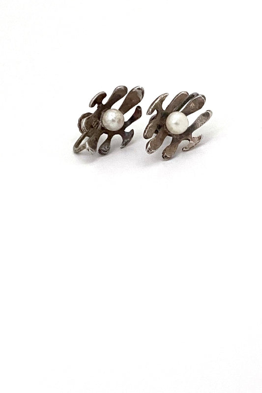 Walter Schluep Hans Gehrig Canada vintage brutalist silver and pearl earrings Canadian Modernist jewelry design
