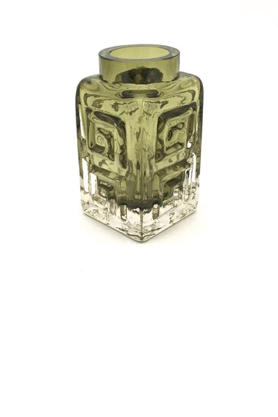 Whitefriars England small Greek Key vintage glass vase sage green rare mid century modernist design