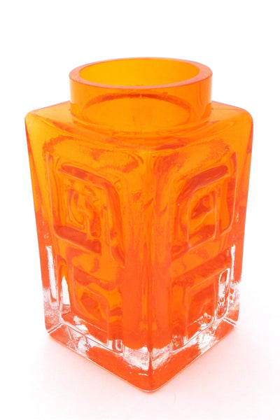 Whitefriars England vintage cased glass Greek Key vase in tangerine by Geoffrey Baxter