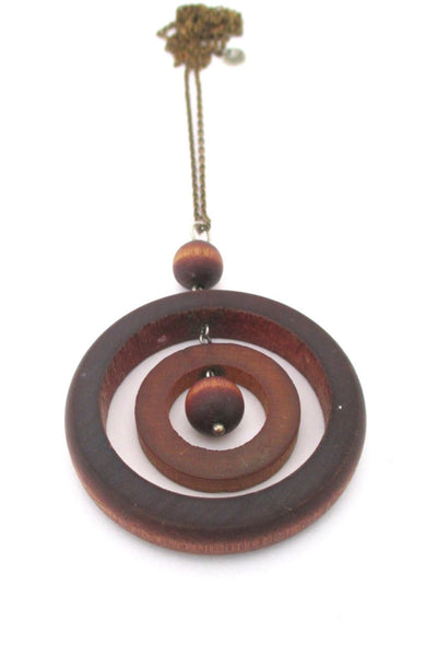 aarikka Finland large cognac dyed wood Scandinavian Modern kinetic pendant necklace