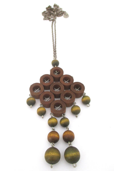 aarikka Finland large green and tan dyed wood Scandinavian Modern kinetic pendant necklace