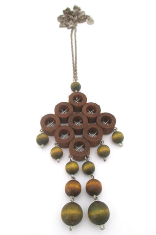 aarikka Finland large green and tan dyed wood Scandinavian Modern kinetic pendant necklace