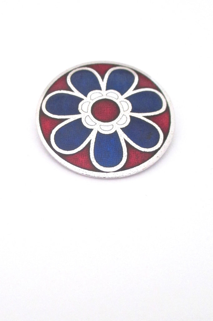 de Passille Sylvestre Canada vintage mid century enamel blue red flower brooch