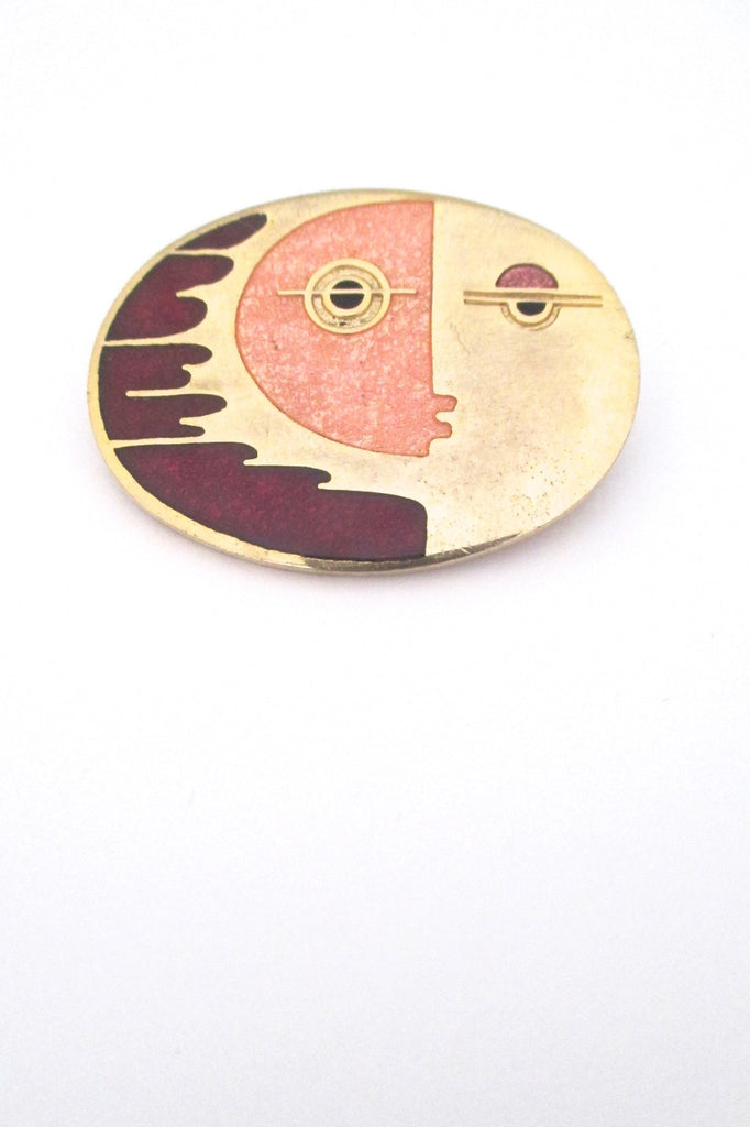 de Passille Sylvestre Canada vintage mid century enamel fast face brooch