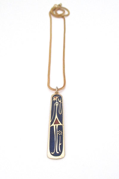 de Passille Sylvestre Canada vintage enamel mid century woman flower bird pendant necklace