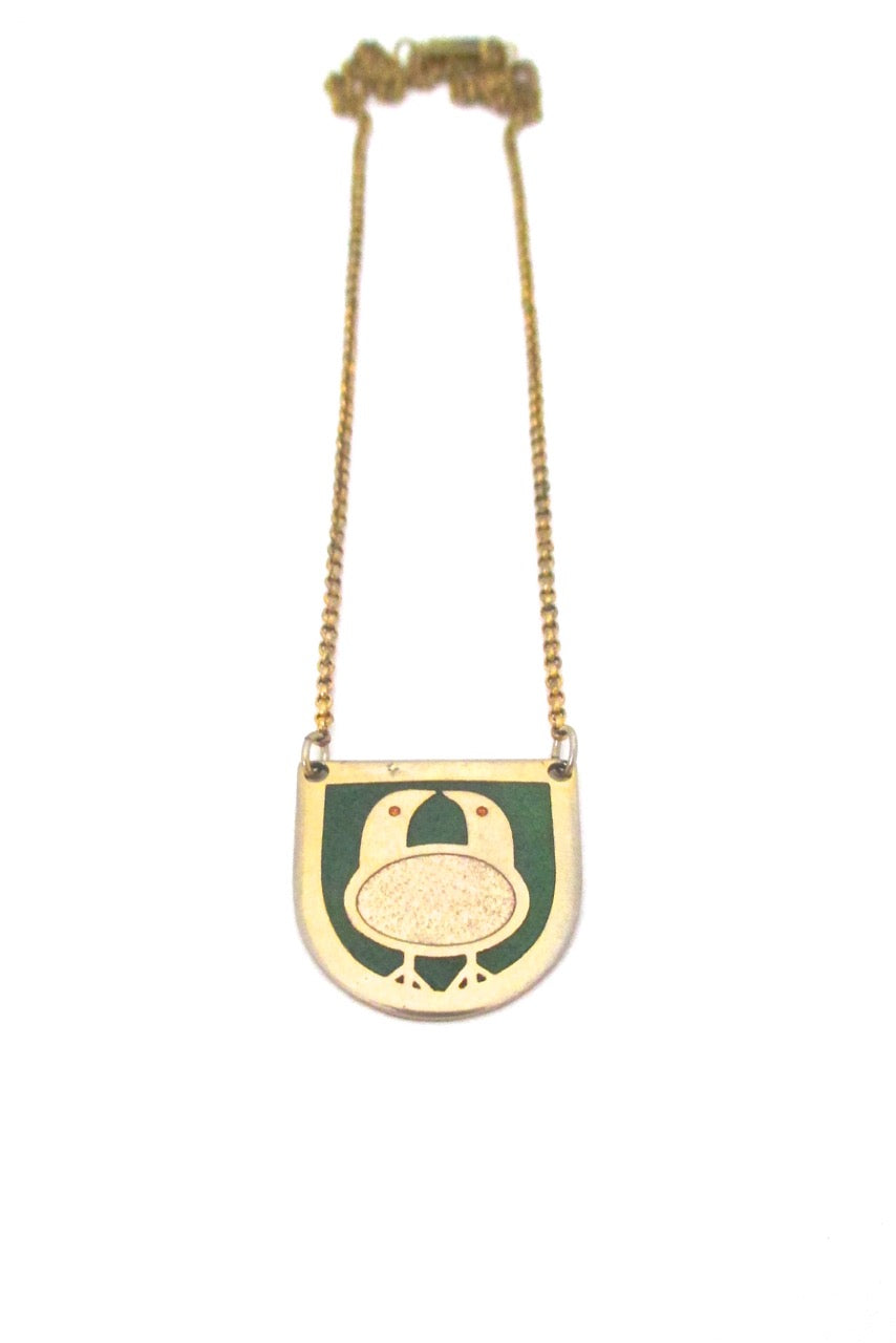de Passille Sylvestre Canada vintage mid century enamel two birds and an egg necklace
