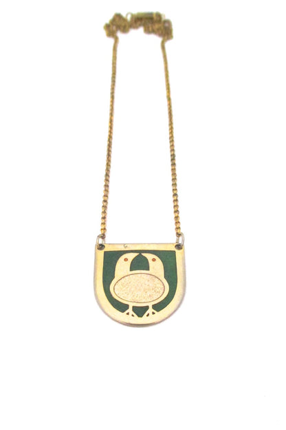 de Passille Sylvestre Canada vintage mid century enamel two birds and an egg necklace