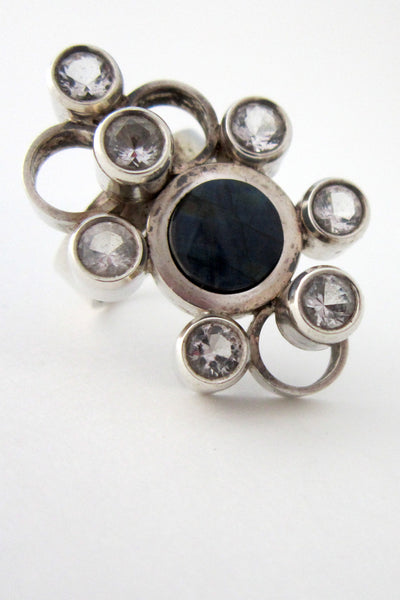 Elis Kauppi for Kupittaan Kulta Finland silver, spectrolite & rock crystal ring