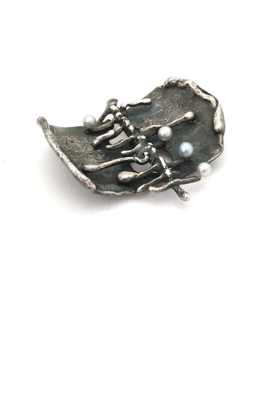 large vintage brutalist reticulated silver pearls brooch mid century jewelry design