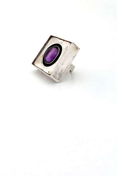 vintage silver amethyst large square shadowbox ring Modernist jewelry design