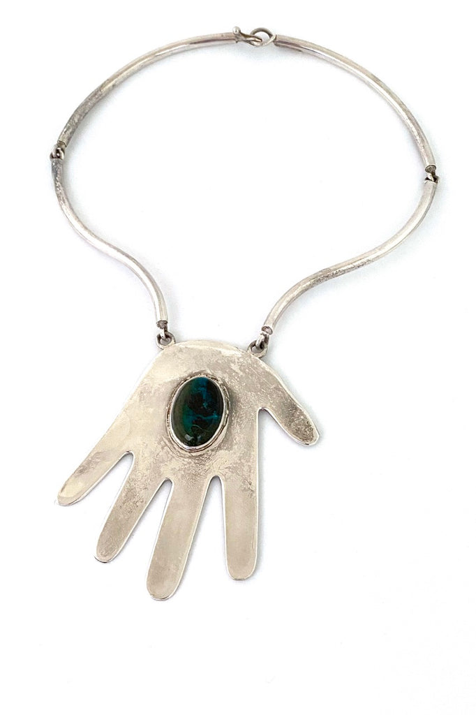 extra large vintage Mexico silver stone hand pendant necklace Modernist design