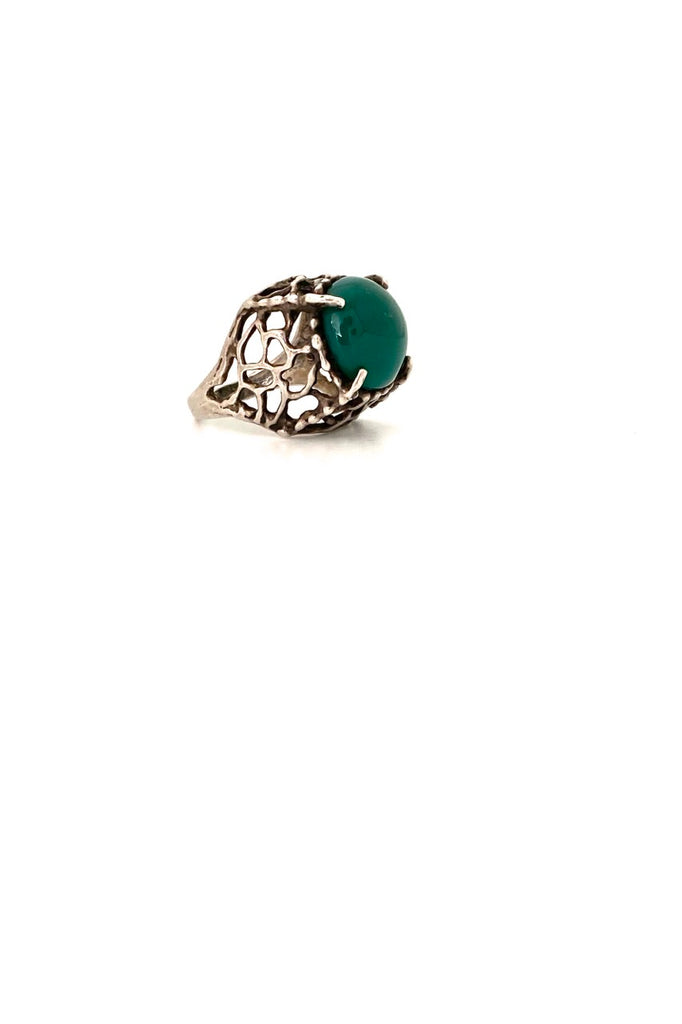 large vintage openwork silver chrysoprase ring Israel Modernist jewelry design