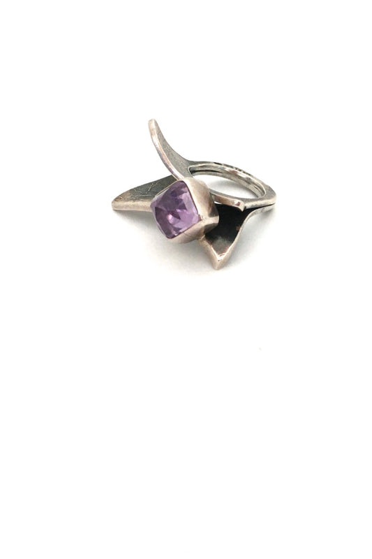 vintage large textured silver amethyst ring great facet to the stone studio made