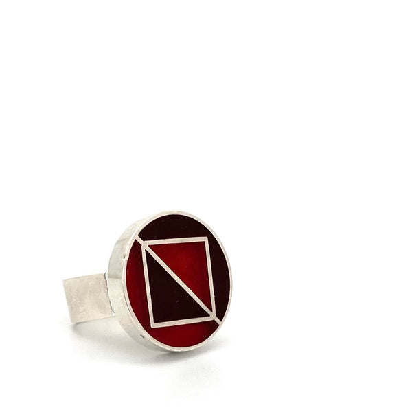 Walter Schluep red enamel geometric ring ~ 2 colour