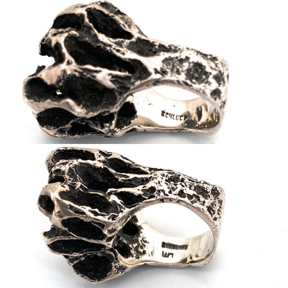 Walter Schluep extra large brutalist silver & emerald ring