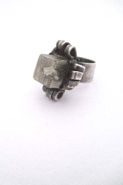 pyrite and silver vintage mid century brutalist ring