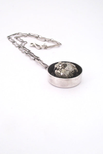 pyrite and silver vintage brutalist large pendant necklace studio made