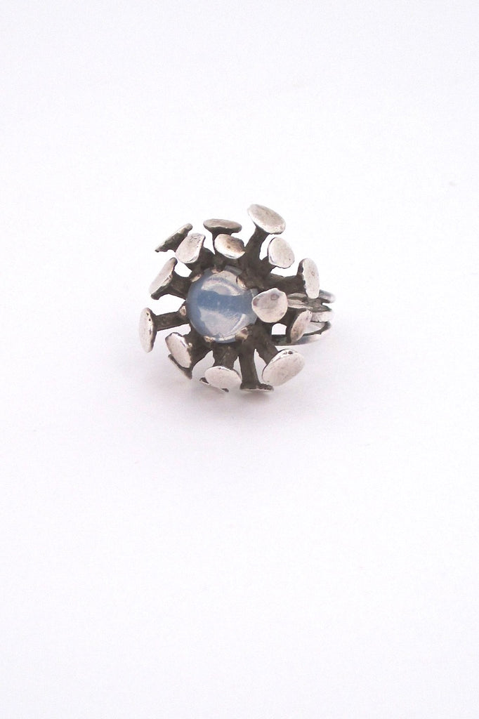 vintage mid century modern atomic ring in sterling silver and moonstone