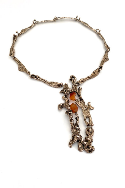 large vintage brutalist sterling silver banded agate kinetic pendant necklace mid century Modernist jewelry design