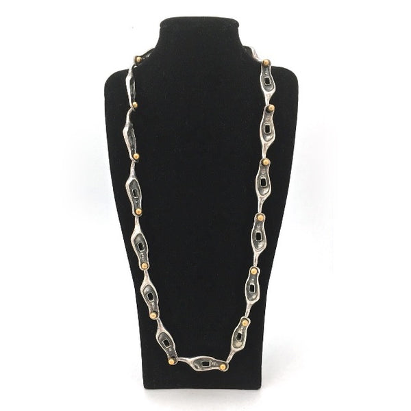 top hanging detail Guy Vidal (attributed) extra fabulous vintage long link brutalist pewter chain with brass connectors Canadian design jewelry