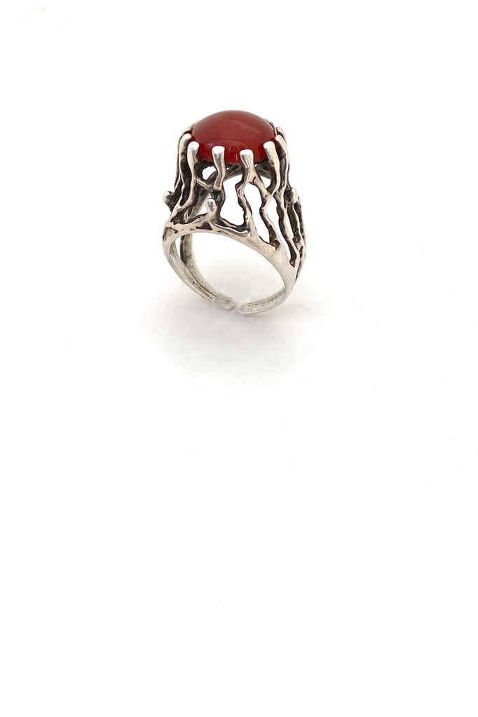 vintage brutalist openwork silver carnelian tall ring Israel Modernist jewelry design