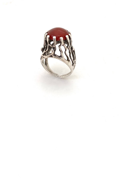 vintage brutalist openwork silver carnelian tall ring Israel Modernist jewelry design