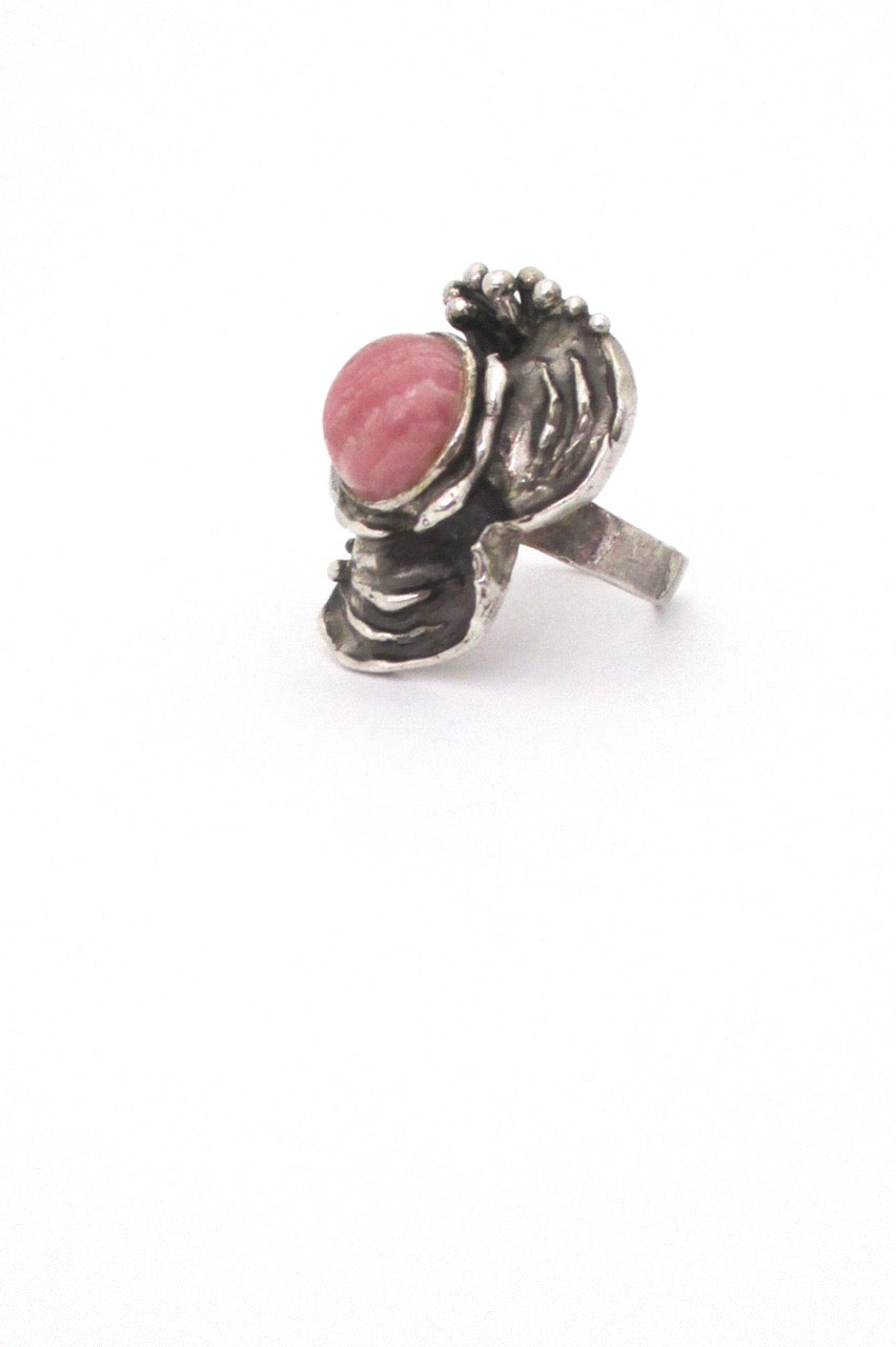 vintage silver and rhodochrosite large brutalist ring