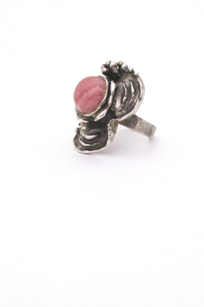 vintage silver and rhodochrosite large brutalist ring