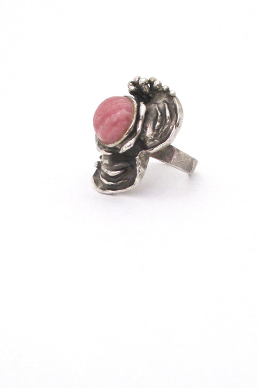 vintage silver and rhodochrosite large brutalist ring