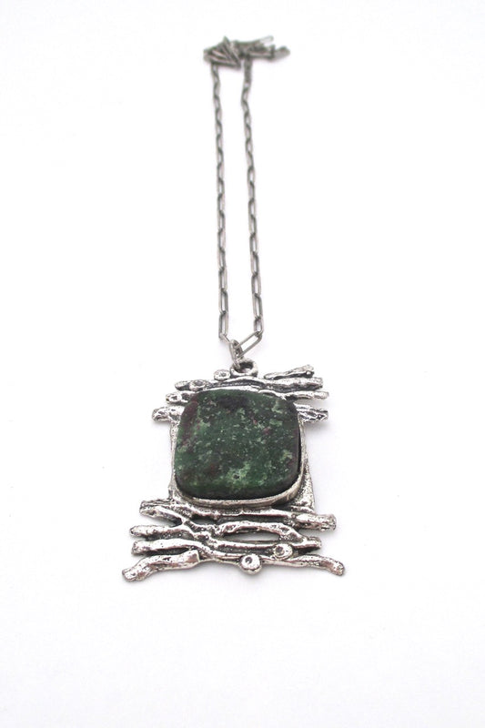vintage brutalist sterling silver ruby-zoisite large pendant necklace on original chain