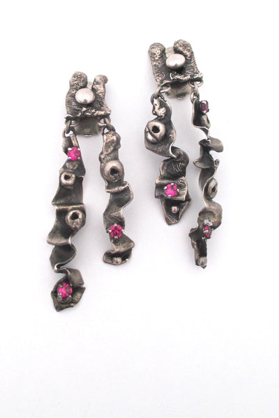 vintage sterling silver synthetic ruby long brutalist drop earrings