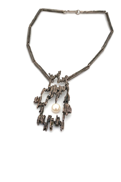 large vintage textured pierced silver brutalist pendant necklace with pearl Modernist jewelry design