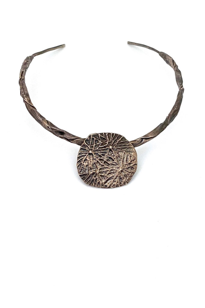 vintage silver hand fabricated brutalist choker necklace signed Modernist jewelry design