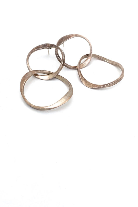 vintage hammered silver large double hoop drop earrings Mexico Modernist jewelry design