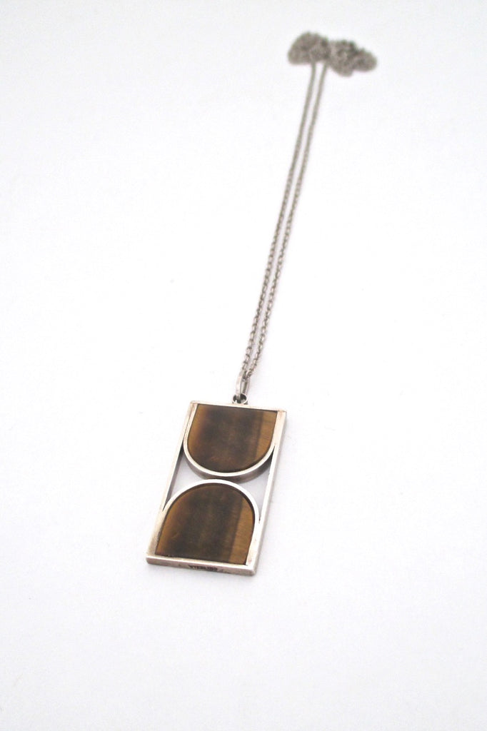 vintage mid century modern silver tiger eye graphic pendant necklace modernist design vintage jewelry