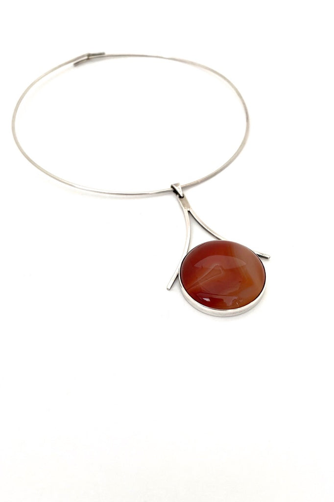 vintage silver banded agate pendant choker necklace Israel Mid Century Modernist jewelry design
