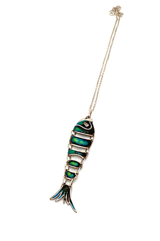 vintage silver enamel large articulated fish pendant necklace Italy Modernist jewelry design